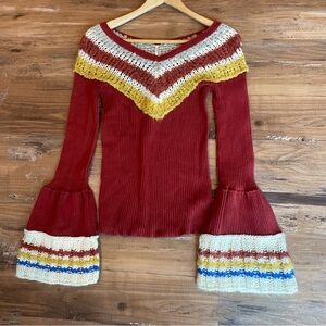 Free People Red V- Neck Knit Sweater
